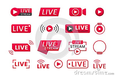 Collection of live streaming icons. Buttons for broadcasting, livestream or online stream. Template for tv, online Vector Illustration