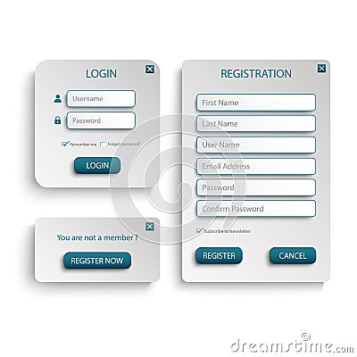 Collection login and register web screen with atypical buttons Vector Illustration