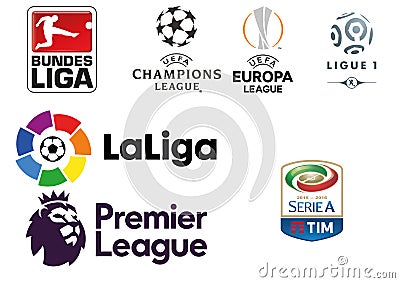 Collection of logos of the major European football leagues Editorial Stock Photo