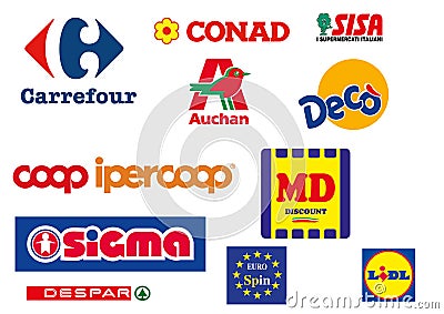 Collection of logos of the most popular supermarkets in Italy Editorial Stock Photo