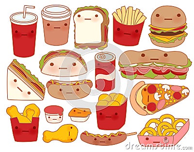 Collection of lovely baby food doodle icon , cute hamburger , adorable sandwich , sweet pizza , kawaii coffee , girly taco Stock Photo