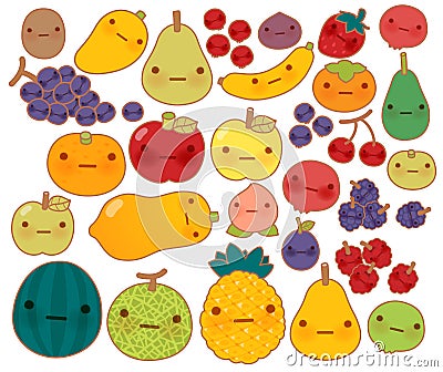 Collection of lovely baby fruit and vegetable doodle icon , cute strawberry , adorable apple , sweet cherry , kawaii banana Stock Photo