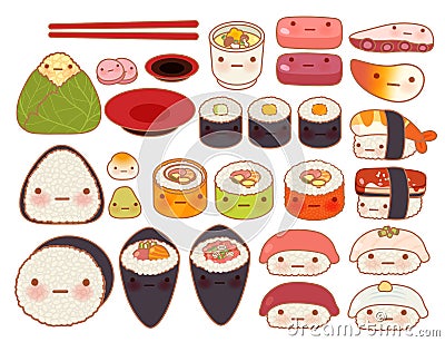 Collection of lovely baby japanese oriental food doodle Stock Photo