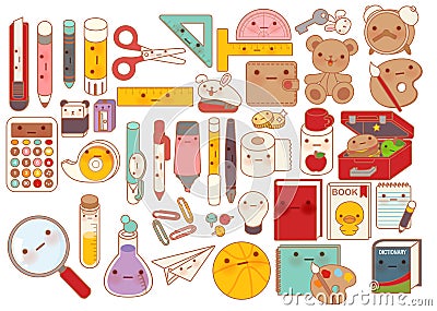 Collection of lovely baby stationery character doodle icon , cute pencil , adorable teddy bear doll , sweet lunchbox , kawaii book Stock Photo