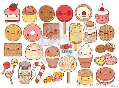 Collection of lovely baby sweet and dessert doodle icon , cute cake , adorable candy , sweet ice cream , kawaii jelly bean Stock Photo