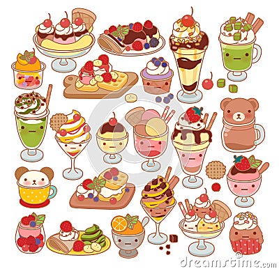 Collection of lovely baby sweet dessert doodle icon, cute ice cream, adorable waffle, sweet crepe, kawaii sundae, girly parfait Stock Photo