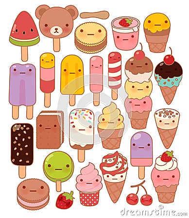 Collection of lovely baby sweet and dessert doodle icon , cute icecream , adorable popsicle , sweet soft cream , kawaii gelato Stock Photo