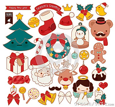 Collection of lovely Christmas doodle icon, cute snowman, adorable angel, sweet wreath , kawaii gingerbread , girly xmas ornament Stock Photo