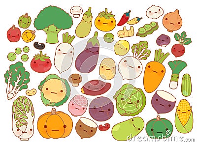 Collection of lovely fruit and vegetable icon , cute carrot , adorable turnip , sweet tomato , kawaii potato, girly corn Stock Photo