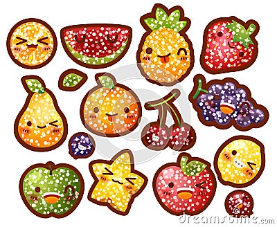 Collection of lovely glitter fruit , fruit with sugar coat doodle icon, cute strawberry, sweet orange, kawaii berry in childlike Stock Photo