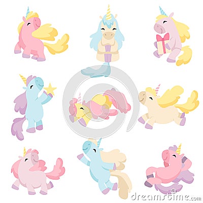 Collection of Lovely Unicorns, Cute Magic Fantasy Animals of Different Colors and Poses Vector Illustration Vector Illustration