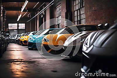 Collection of luxury sport generic and unbranded cars in a modern garage, ai generative illustration Cartoon Illustration