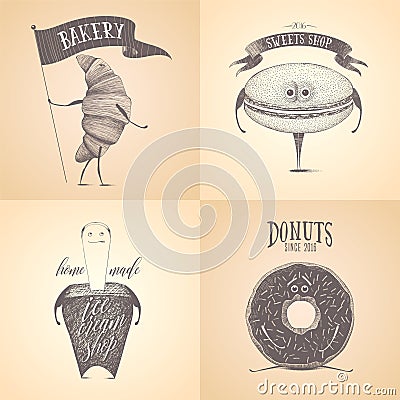 Collection of macaroon, icre cream, bakery store logo Vector Illustration