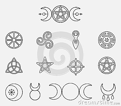 Collection of magical wiccan and pagan symbols: pentagram, triple moon, horned god, triskelion, solar cross, spiral Vector Illustration