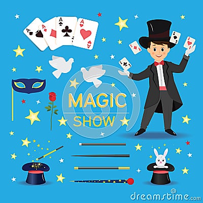 Magician with hat and playing cards. Vector Illustration