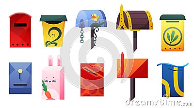 Collection of mailbox. Cartoon vector mail box. Post or postal letterbox of American or European mailing and set of Vector Illustration