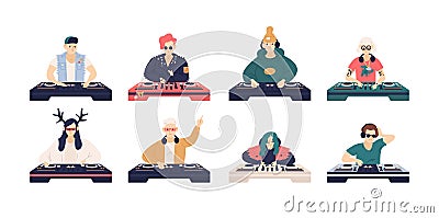 Collection of male and female DJ`s isolated on white background. Bundle of cute funny disc jockeys playing music records Vector Illustration