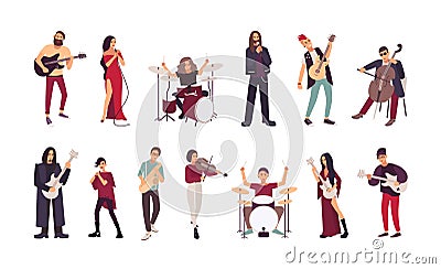 Collection of male and female singers and musicians isolated on white background. Men and women singing and playing Vector Illustration