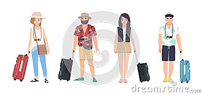 Collection of male and female travelers dressed in summer clothes. Set of men and women tourists with suitcases. Modern Vector Illustration