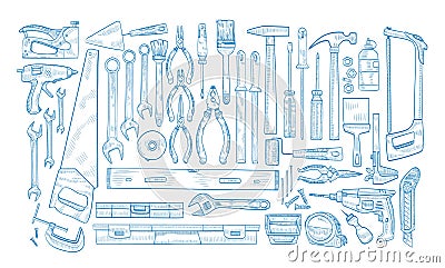 Collection of manual and powered electric tools for woodworking, home repair and maintenance hand drawn with blue Vector Illustration