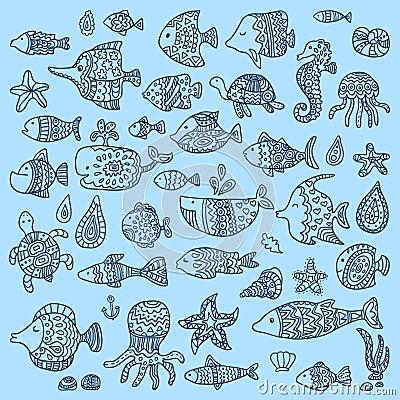 The collection of marine fish and mammals Vector Illustration