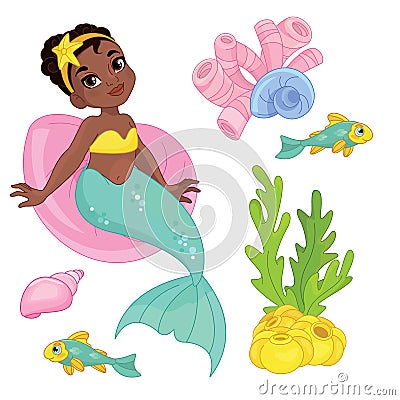 Collection of marine inhabitants in the cartoon style of children. Vector set with sea animals and a mermaid Vector Illustration