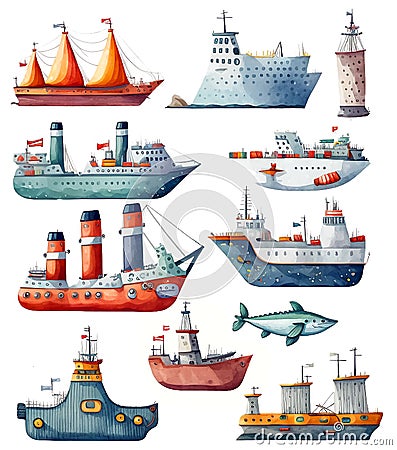 Collection of maritime transportation ships, cartoon illustration, digital watercolor clipart Cartoon Illustration