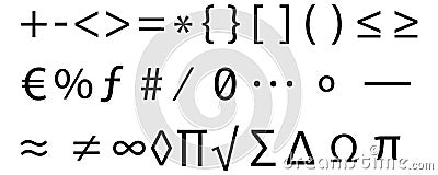 Collection of Mathematical Symbols plus, minus, less than, greater than, equal, asterisk, curly brackets Vector Illustration