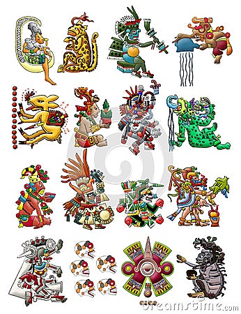 Collection of Mayan deities isolated on white Stock Photo