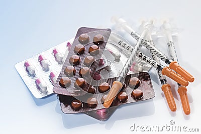 Collection medication,Pills and syringe. Stock Photo
