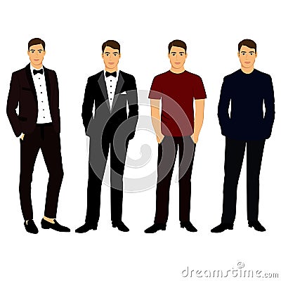 Collection. Men`s Clothing. Wedding men`s suit, tuxedo. Vector Illustration