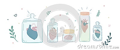Collection of men's hearts in glass jars. Stock Photo