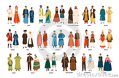 Collection of men and women dressed in folk costumes of various countries isolated on white background. Set of people Vector Illustration