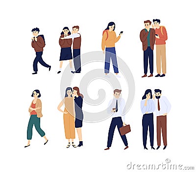 Collection of men and women gossiping, spreading rumors, talking and whispering. Bundle of funny cartoon characters Vector Illustration