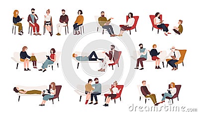 Collection of men and women or married couples sitting on chairs or lying on sofa and talking to psychotherapist or Vector Illustration