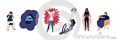 Collection of men and women with mental disorders, illnesses, impairments, psychiatric or psychological problems. Flat Vector Illustration