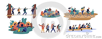 Collection of men and women travelling together. Set of friends or tourists riding bicycles, rafting on boat, walking Vector Illustration