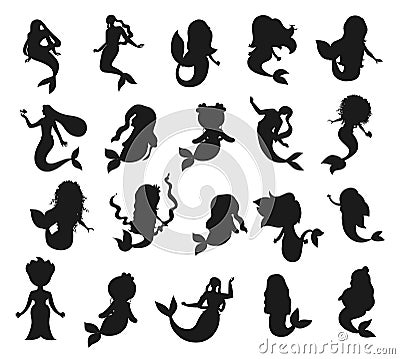 Collection mermaids isolated silhouettes vector Stock Photo