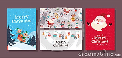 Collection of Merry Christmas congratulation cards with Santa Claus character, elves sledding, pattern and fir tree toys. Vector f Vector Illustration