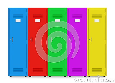 Collection of metal colored lockers bright door with lock for storage personal things private closet Vector Illustration