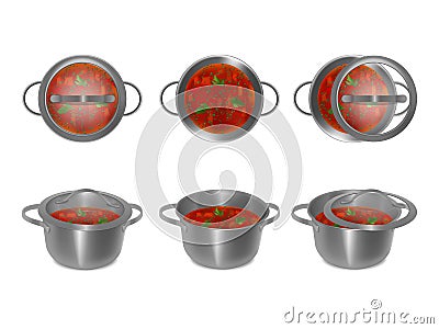 Collection of metal pots with soup and glass lids in different angles Vector Illustration