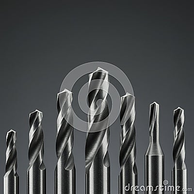 A collection of metallic drill bits is shown, varying in size and design. Each bit features Stock Photo