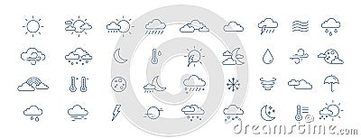 Collection of meteorological icons or symbols for weather forecast - sun, clouds, wind, rain, snow, air temperature Vector Illustration