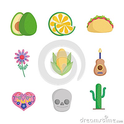 Collection mexican food culture traditonal icons Vector Illustration