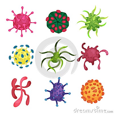 Collection of microscopic viruses of various colors and shapes. Microbiology concept. Flat vector element for medical Vector Illustration