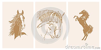 Collection of minimalistic posters for printing. Line art. Cover design, wallpaper. Horse artwork. Vector Illustration