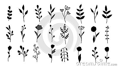 Collection of minimalistic simple floral elements. Graphic sketch. Fashionable tattoo design. Flowers, grass and leaves Vector Illustration