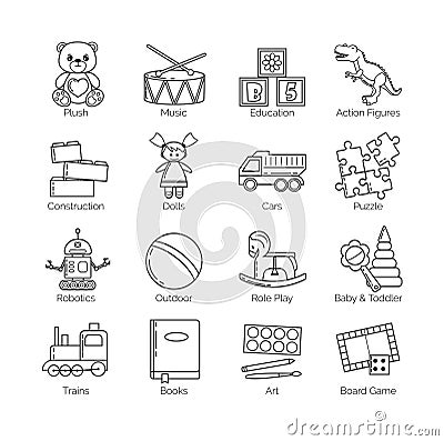 A collection of minimalistic thin line icons for various toys' kinds and categories and activities for kids, babies and Vector Illustration
