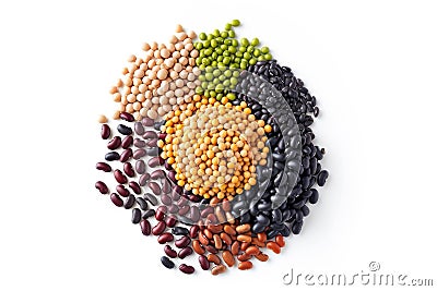 Collection of mix bean (soy beans, Adzuki bean, green mung, black bean) isolated on white background Stock Photo