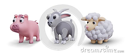 Collection with models of baby pig, gray goat, and fluffy sheep standing on white background Vector Illustration